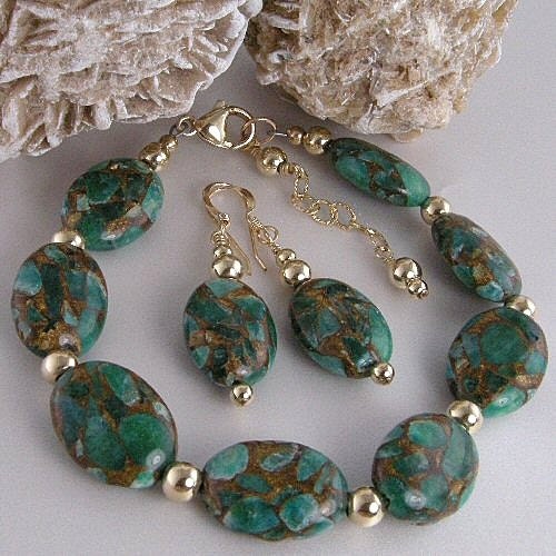 Green Mosaic Gold Bead Bracelet and Earring Set