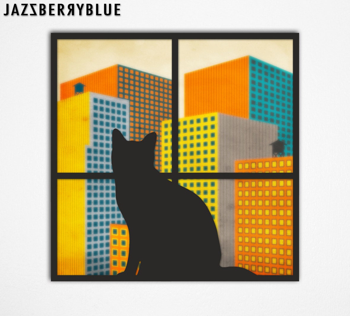 GICLEE Fine Art Print, Modern urban landscape for the home wall decor (13x13) 'THE WATCHER' by Artist Jazzberry Blue