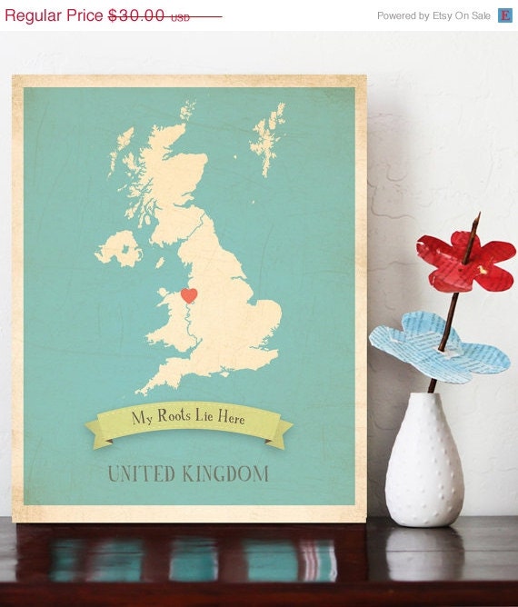 25% OFF SALE Personalized Vintage Map Wall Art 11x14 - Choose Your Country