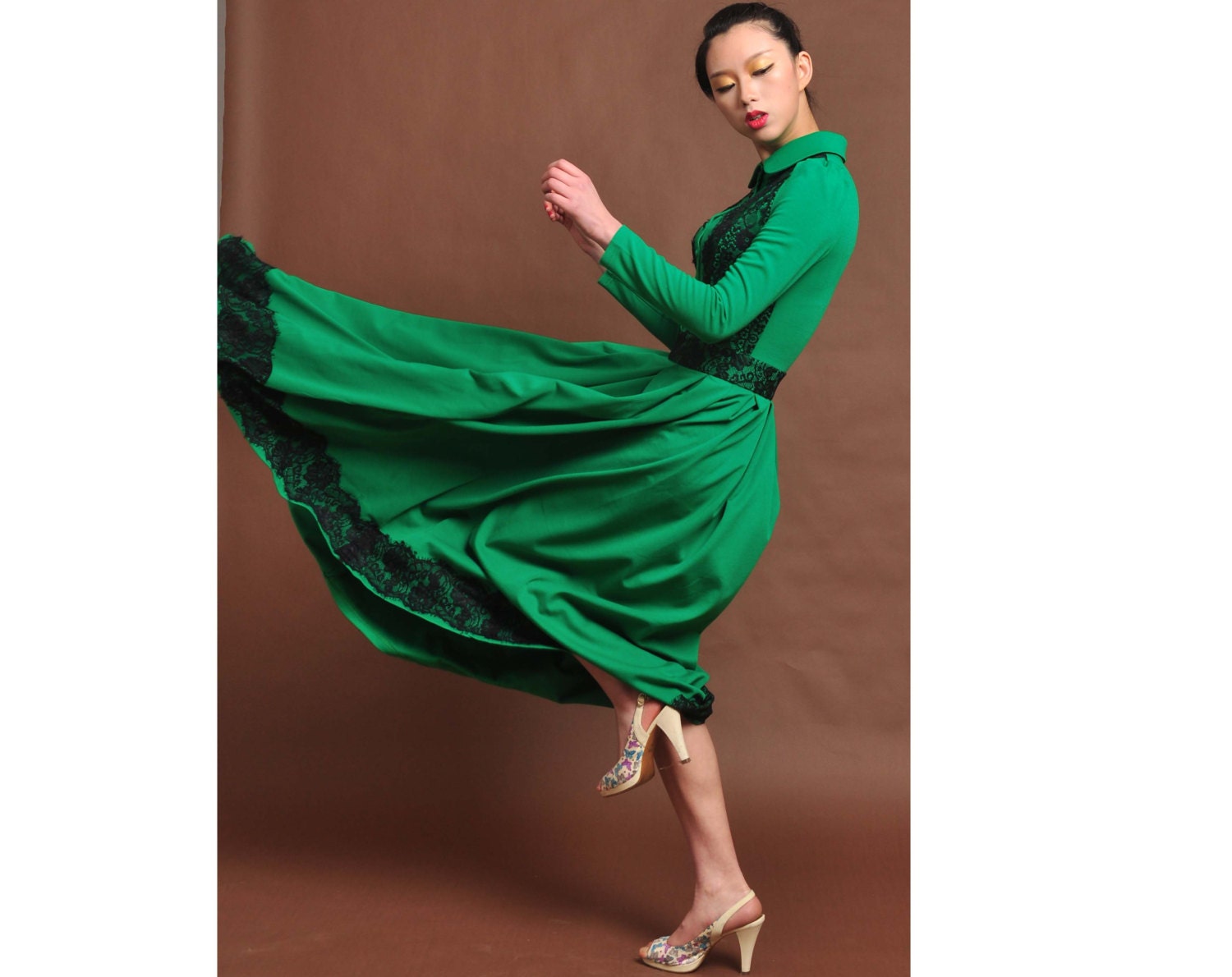 spring dress,green cotton dress,cotton maxi dress,knit dress,lace dress, super hem,long dress