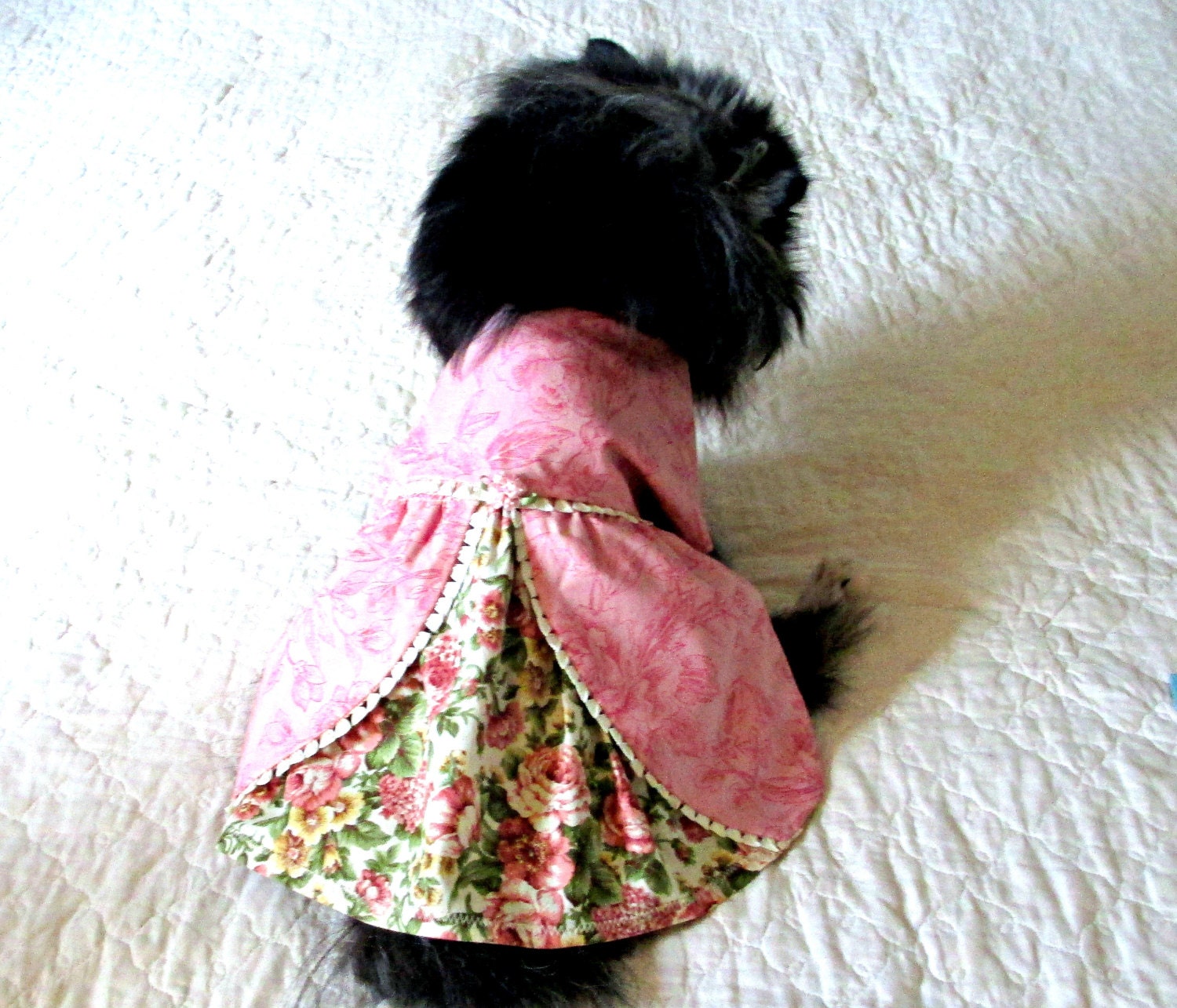 Little Dog's Dress Cotton for Toy Poodle Etc. - Rose Print Bodice and Panels w/Flower-Printed Underskirt - Made to Order