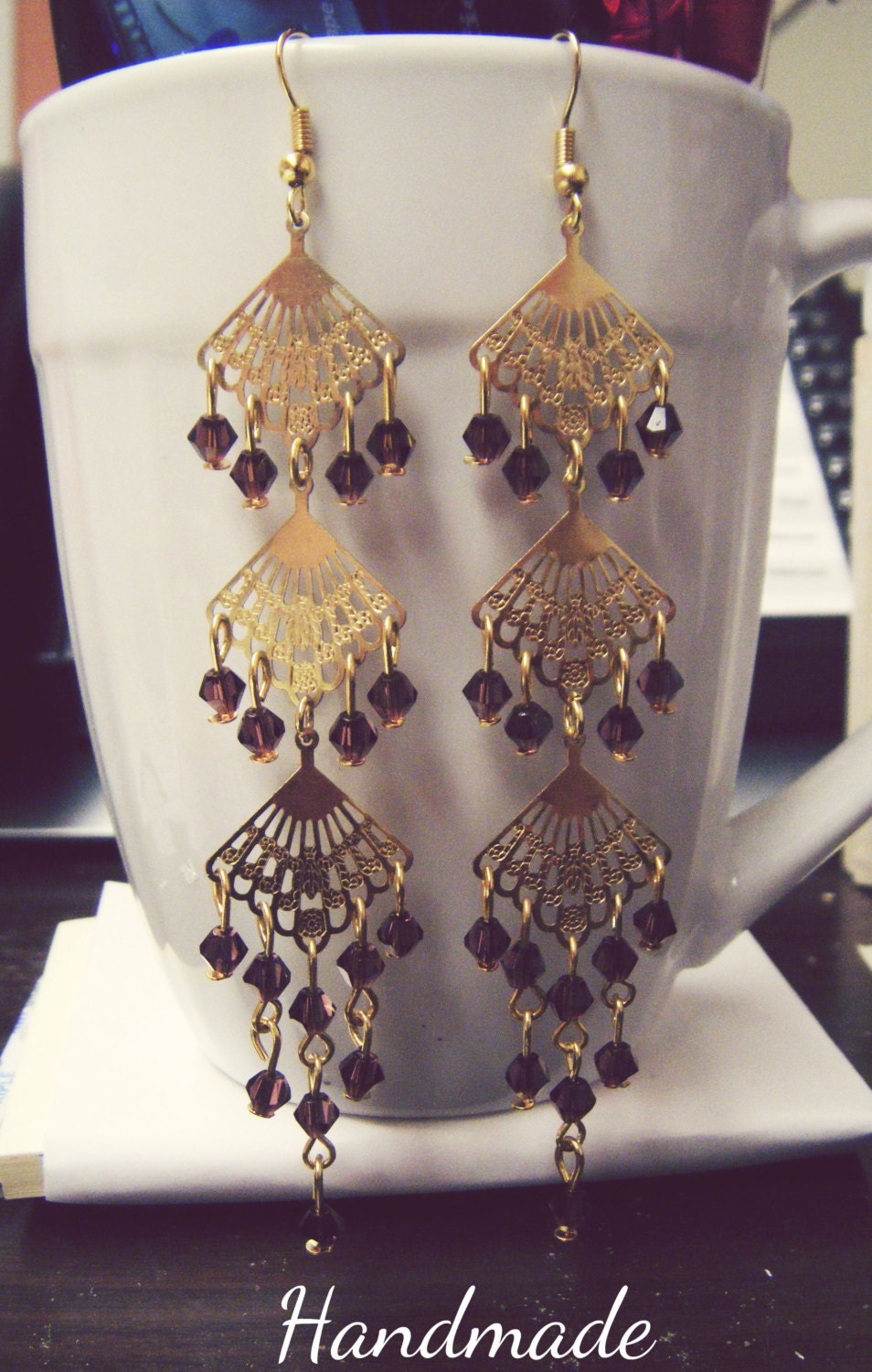 Boho Large  Maroon Swarovski Crystal Gold FIligree Dangle Chandelier Earrings