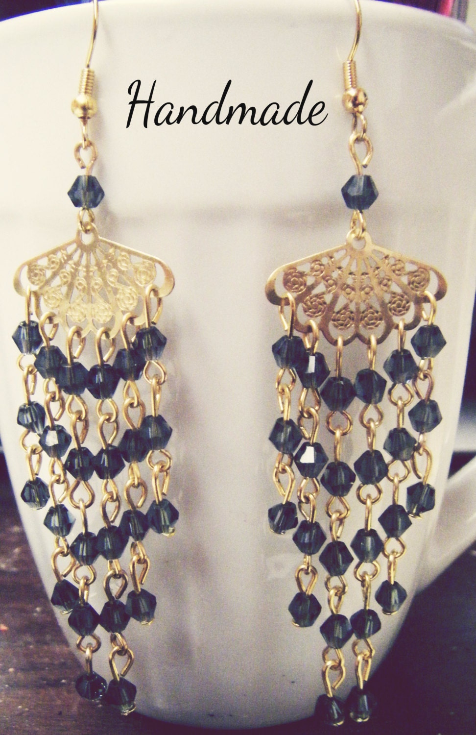 Boho Slate Blue Swarovski Crystal Gold FIligree Chandelier Drop Dangle Earrings