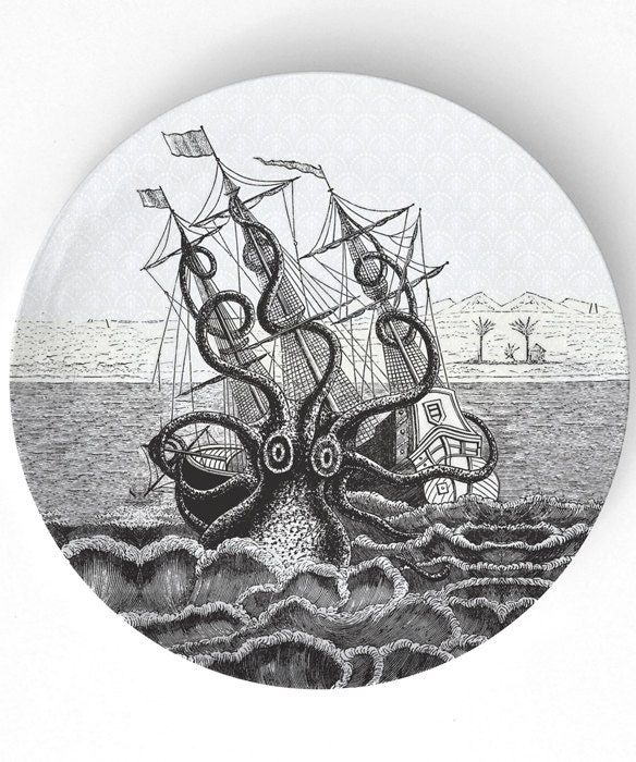 Octopus shipwreck  -  vintage engraving on a 10 inch Melamine Plate - TheMadPlatters