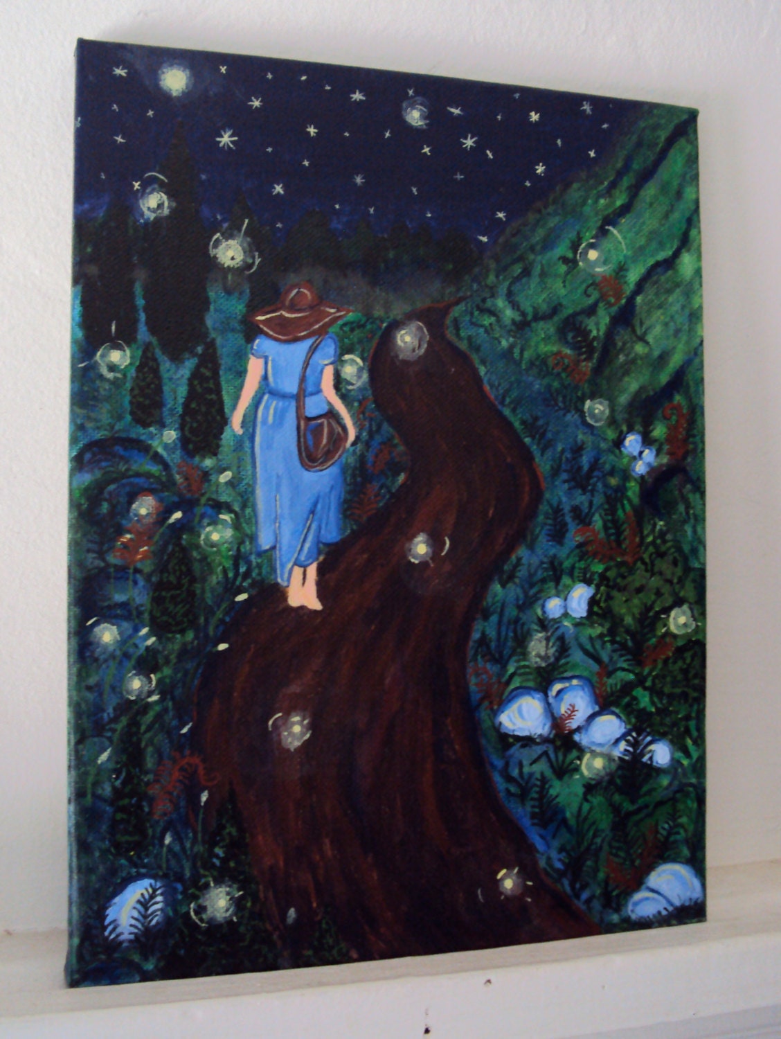 Original Acrylic Painting of A Woman At Dusk - Fireflies at Night Forest Meadow Garden Path - Twilight Evening Nighttime