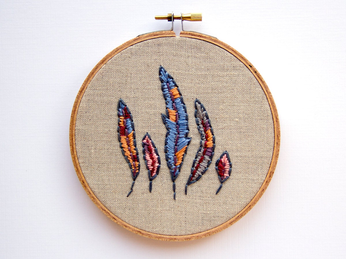 Feather Collection Embroidery - 5 Inch Hoop Art - Hand Stitched Boho Wall Art - Woodland Cottage Decor - Southwestern