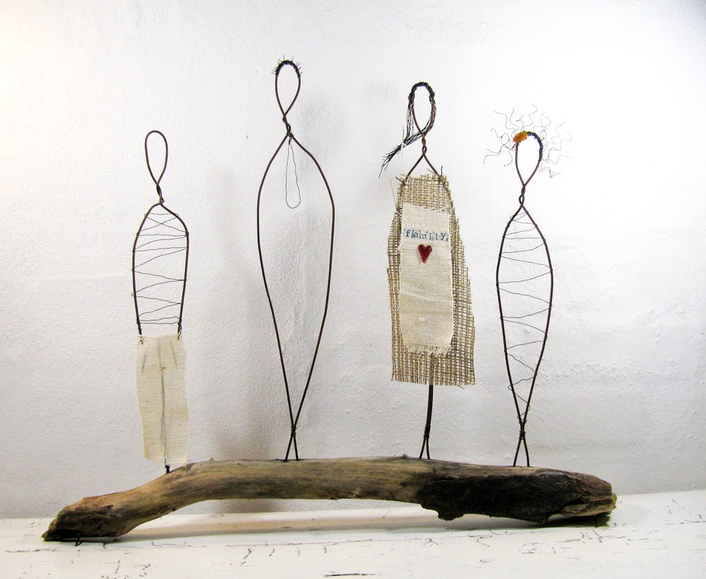 Family & Roots Wire Sculpture - Rustic Anniversary Gift - Metal and Driftwood Mixed Media Art