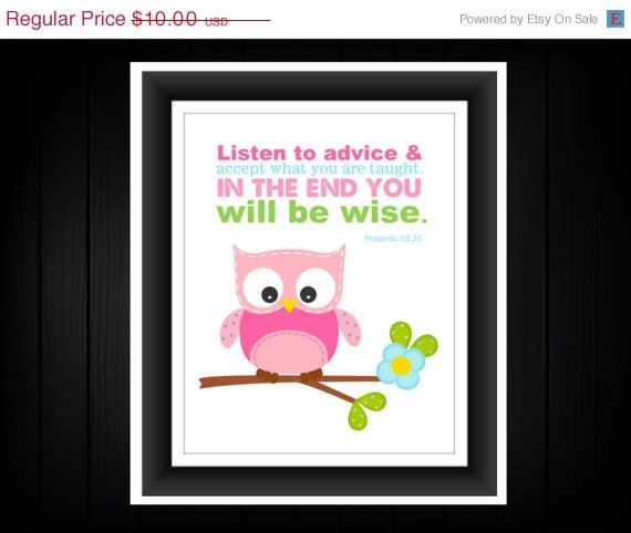 SALE Bible Verse Nursery Print Proverbs 19:20 Wise Owl Bible Verse