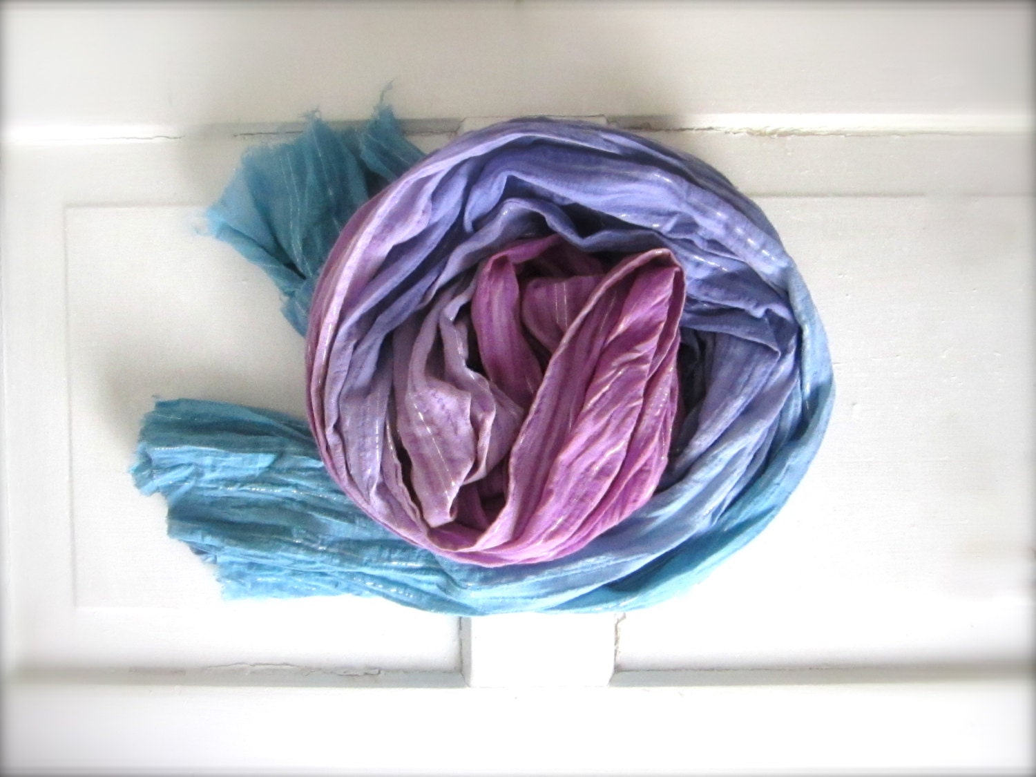 Cotton Hand Dyed Lightweight, Spring Scarf, Summer Scarf,  Purple, Teal Violet, and Blue Ombre Scarf, Shawl, Wrap, Silver Thread Stripe
