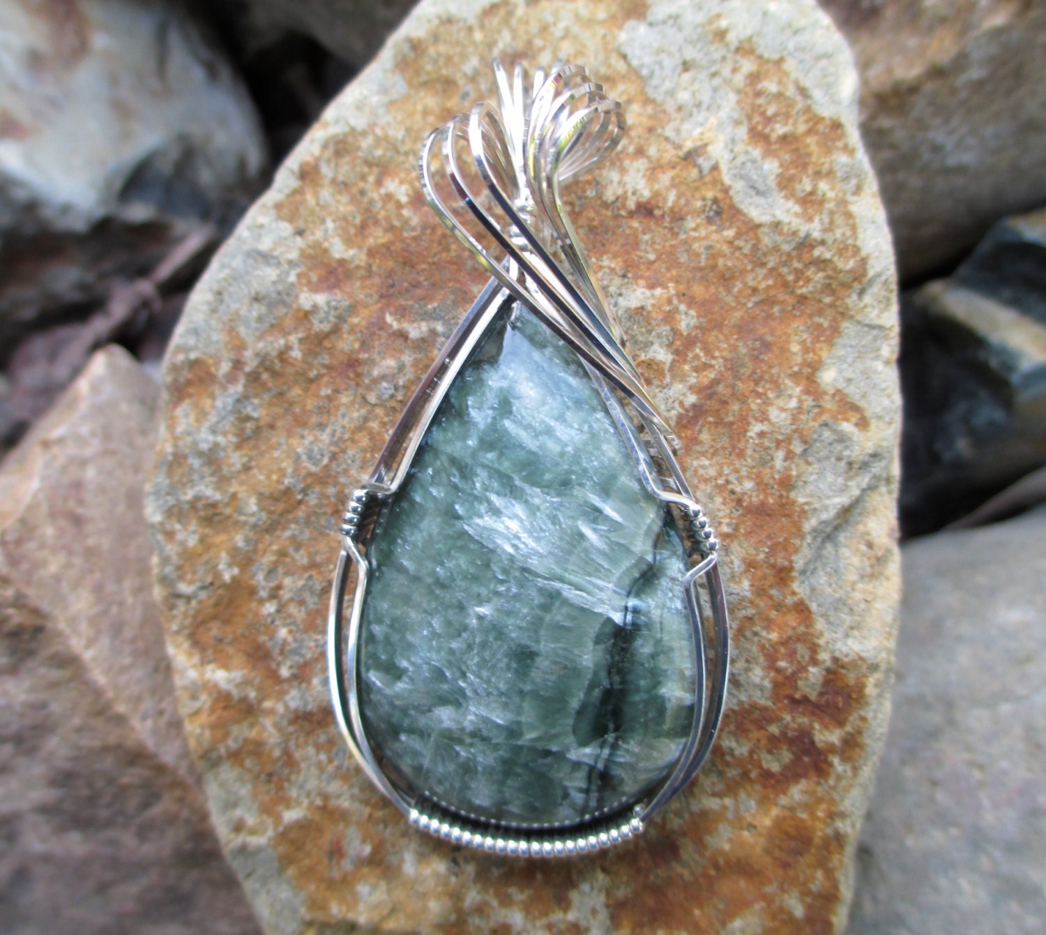 Forrest Green Seraphinite Stone Sterling Silver Wire Wrapped Pendant Necklace