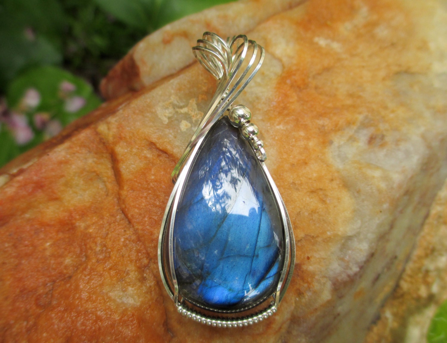Blue Flash Labradorite Stone Sterling Silver Wire Wrapped Pendant Necklace