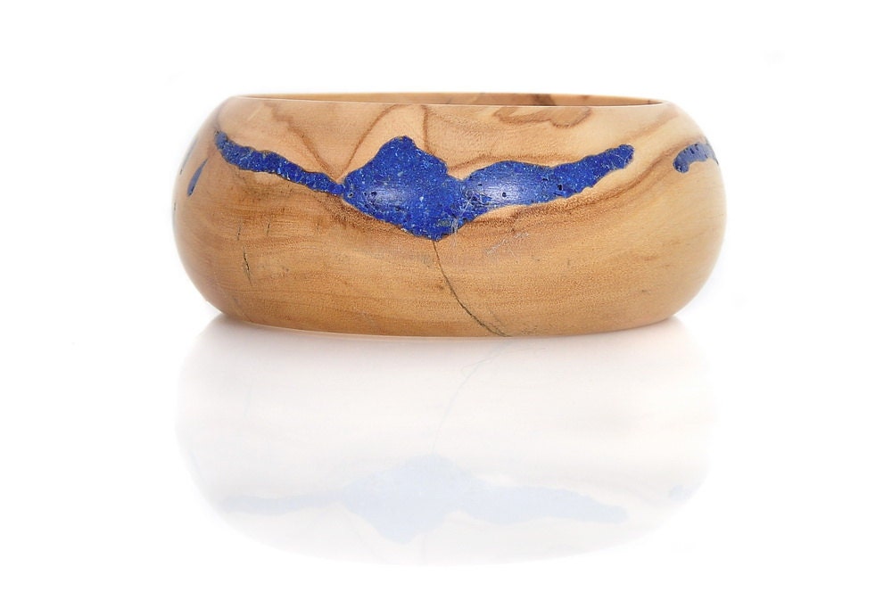 Wood Bracelet, Olivewood and Lapis -- Blue Beauty