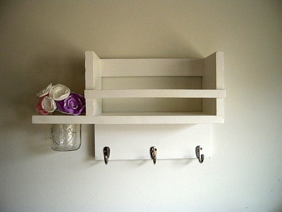 Primitive Country Spice Rack with Mason Jar Vase in distressed color of your choice - Organizer Display Shelf With Hooks - Rustic Shelf