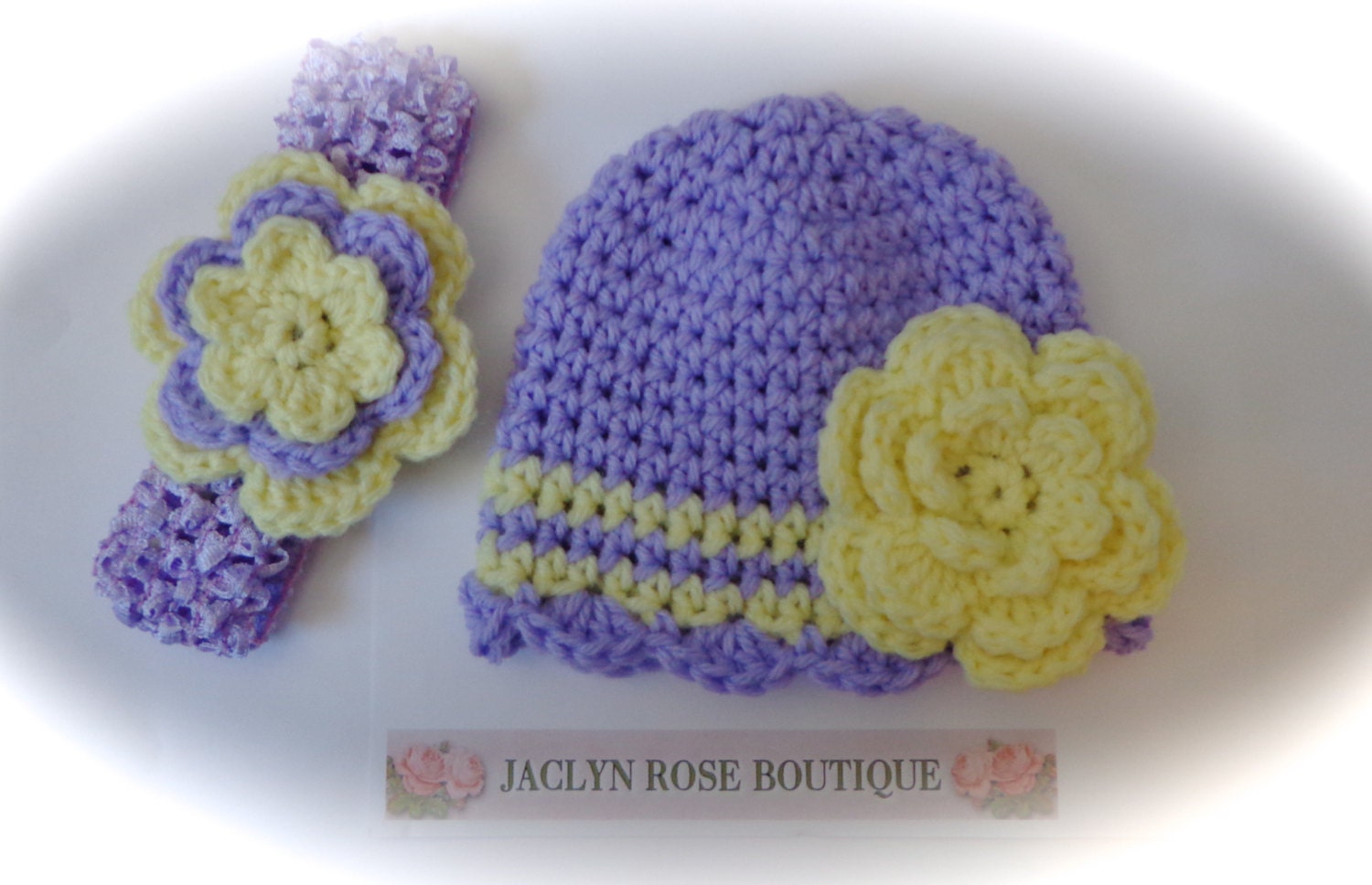 CROCHET baby beanie HAT lavender purple & yellow with flower scallop edge with headband newborn or 0 - 3 month baby infant girl photo prop
