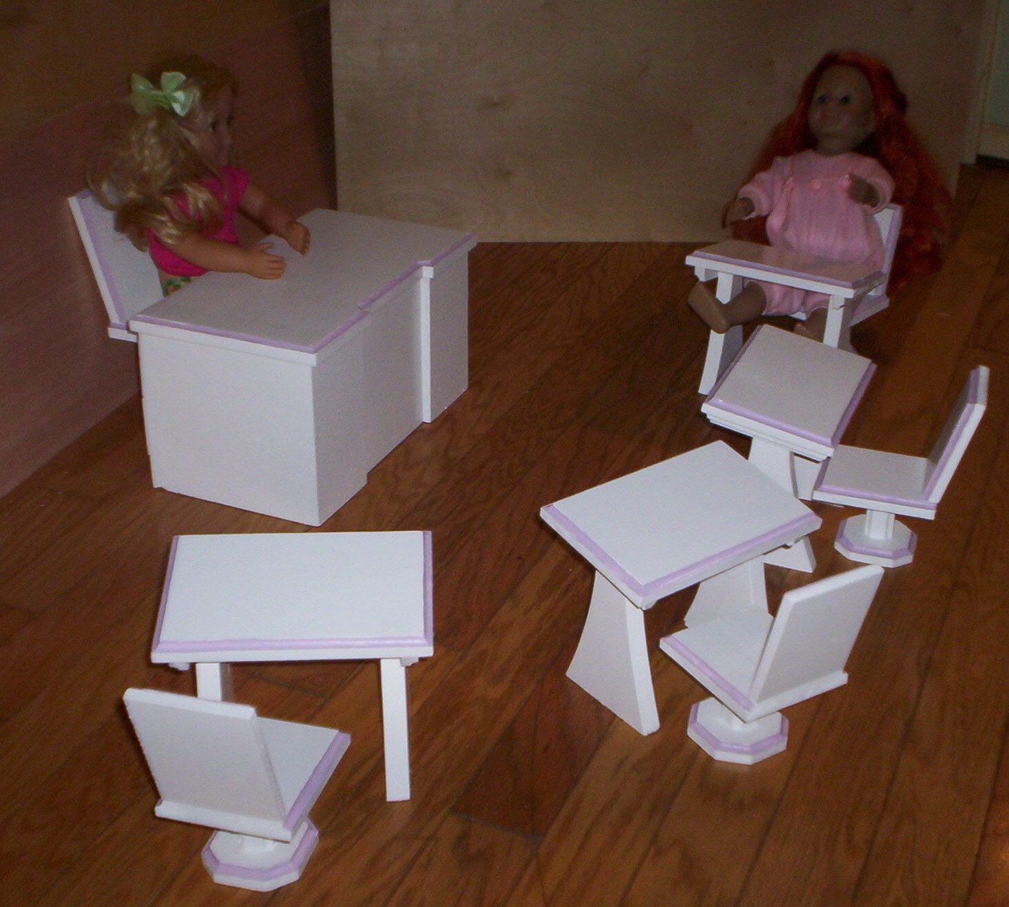 Doll school teacher desk and 4 student desks and chairs Handcrafted for American Girl 18 inch doll white with purple trim