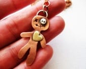 Voodoo Doll Necklace Valentines Pendant Love Heart Copper Brass Heart Sterling Silver Button Eye