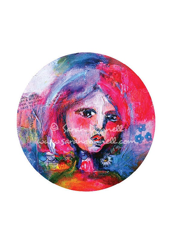 A4 Print Big Eye Outsider Painting Low Brow Pop Art Mix Media Woman Girl Textural Portrait Recycled Material Australian Art - Colorwheel