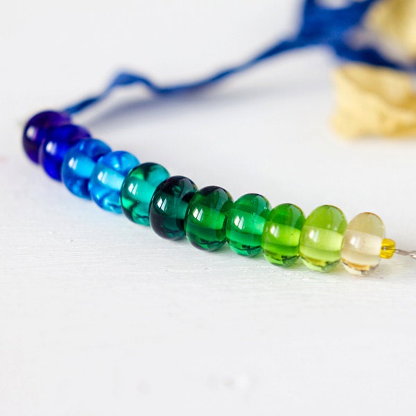 Ombre gradient handmade green and blue color lampwork glass statement necklace, OOAK