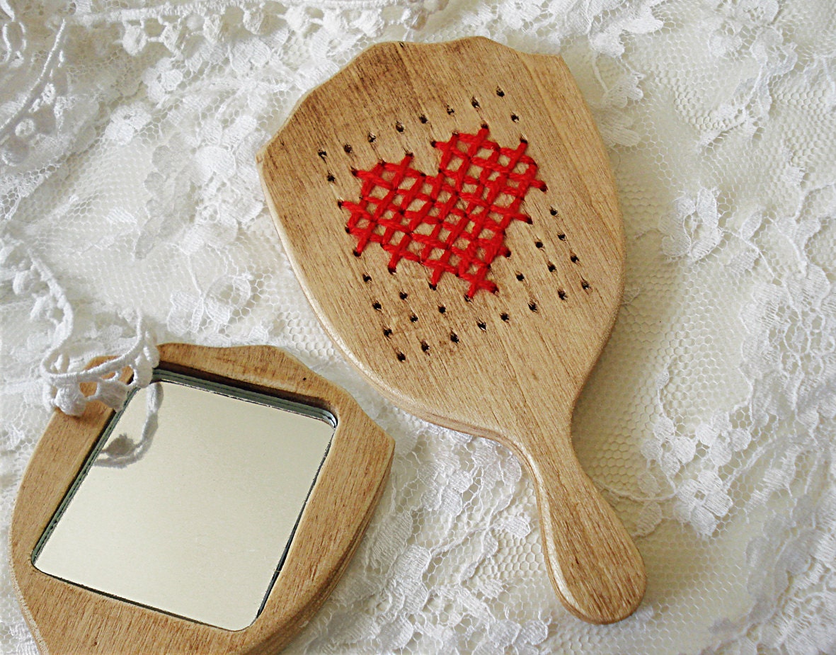 Hand Mirror for Mother's Day, Handmade Wooden Embroidery in a Lace Pouch