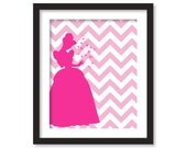 Nursery art - Silhouette of  princess in fuchsia and chevron pink