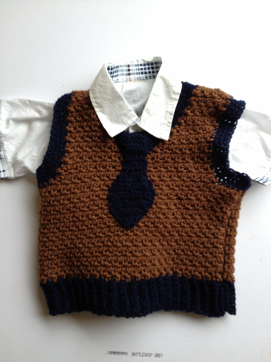 Brown and navy tie,Baby,boys,toddlers handmade crocheted/knitted sweater vest jumper in Irish aran wool with tie applique, little man