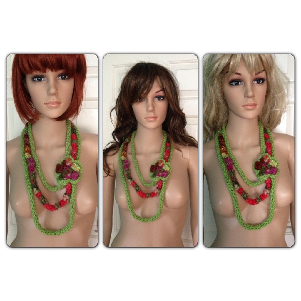 Ooak Unique,womens,ladies,lime green,multicolour,crochet knitted lariat,necklace,neckwarmer,neckband,crochet jewellery,gift for her.