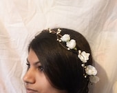 Woodland flower hair wreath (white rose) - Wedding headpiece, headband, vintage inspired rose crown, french ribbon bridal