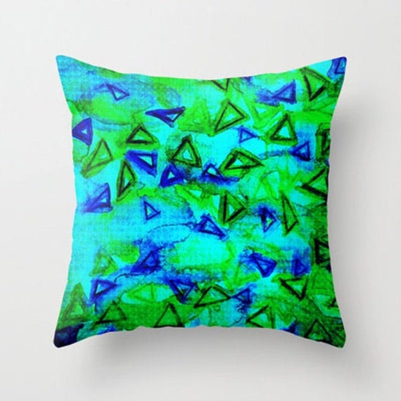 DECORATIVE THROW PILLOW Cover 18 x 18 Throw Cushion Case Vibrant Neon Blue Green Art Techno Dance  Abstract Geometric Watercolor Painting