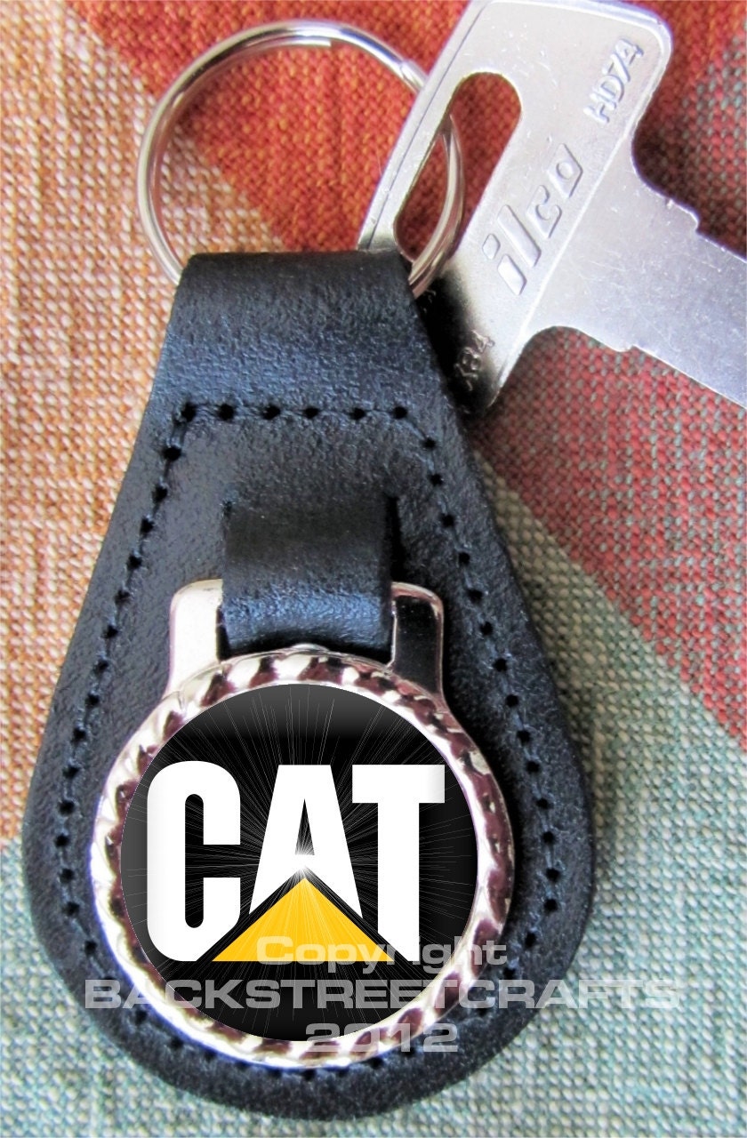 CAT CATERPILLAR EQUIPMENT Genuine dyed black Leather Key Ring Fob Fathers Day  Graduation Christmas Under 15.00
