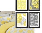 Yellow Grey Floral Vintage / Modern inspired  Art Prints Collection  -Set of (4) - 8x10 Prints -   (UNFRAMED)