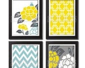 Yellow Blue Floral Chevron Wall Art Print  - Set of (4) 8x10 Print, Unframed, Custom Colors Available