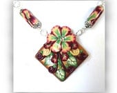 Polymer Clay Pendant Necklace, Deep Red, Floral, with Wire Wrapped Beads.