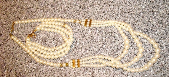 Vintage Triple Strand Pearls Necklace and Bracelet, costume jewelry set, Japan