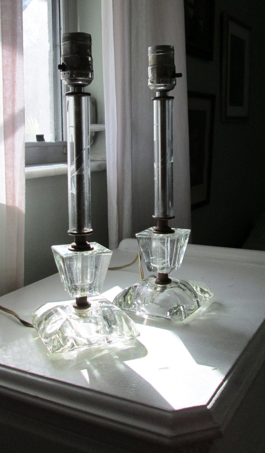Vintage Pair Etched Glass Boudoir Lamps Candlestick