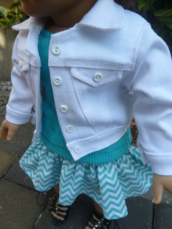 American Girl Doll Clothes - Sweet Chevrons in Minty Teal 3 piece outfit includes white denim jacket, tank top and ruffled skirt