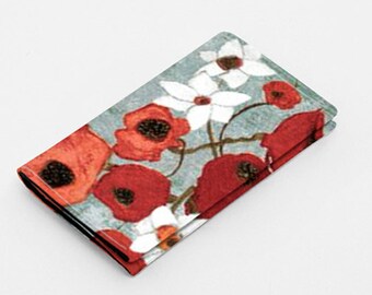 Business card case holder cover wallet, small women's wallet - red poppies in teal