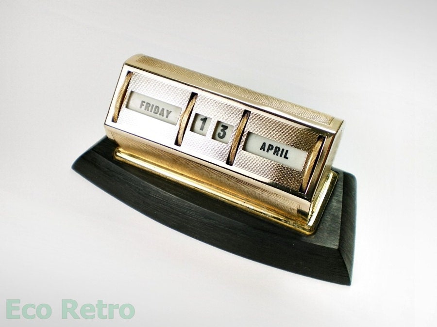 Neat Vintage Mid Century Gilt Perpetual Desk Calendar on Faux Wood Base