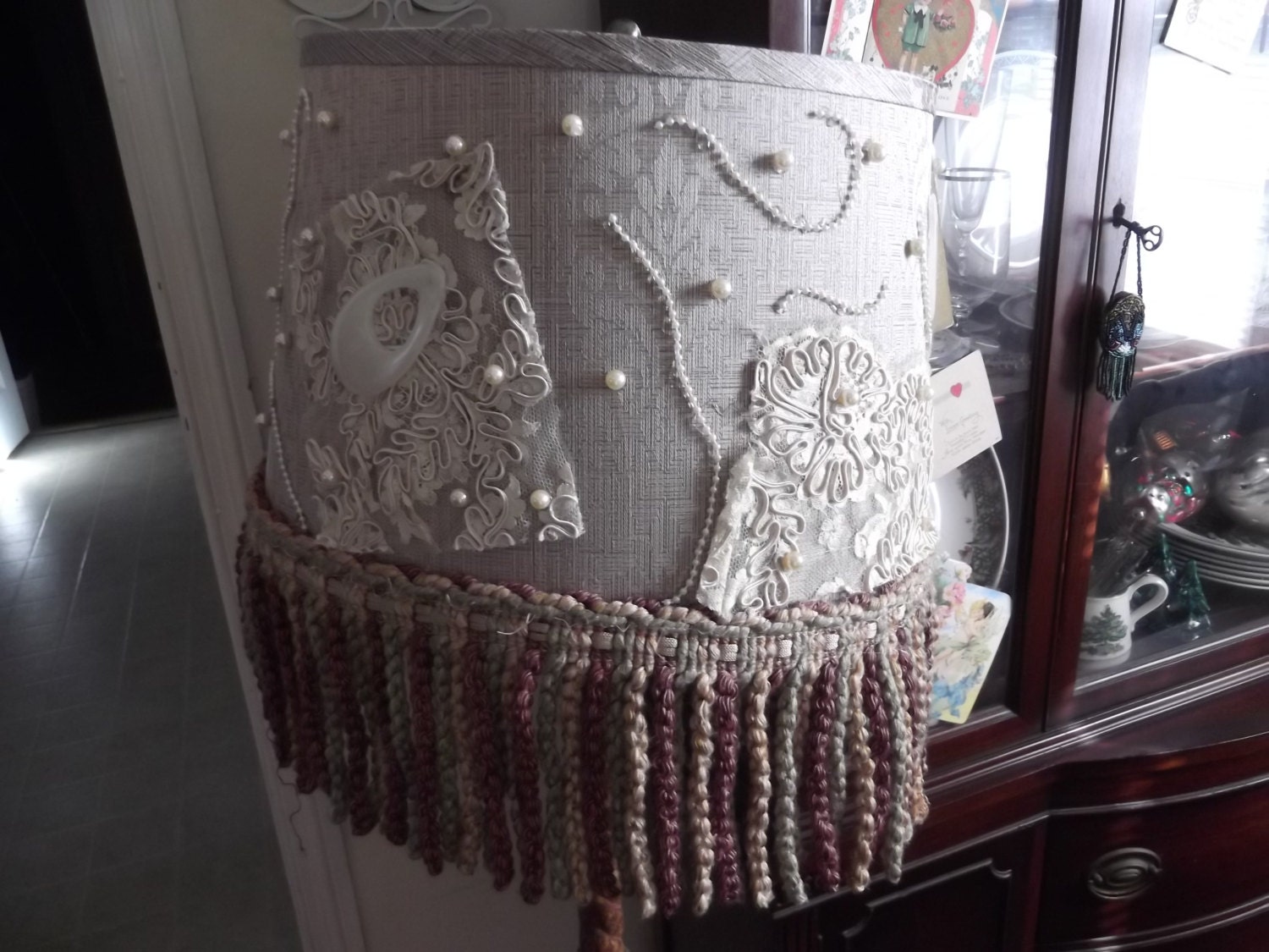 designer lighting, OOAK lamp shade, tattered  vintage lace and fringe lamp shade, victorian, romantic lamp shade, pearls. designer Meg