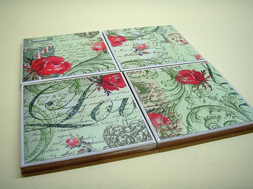 Ceramic tile set,ceramic coasters,Vintage ceramic tile coasters "Love in Paris"