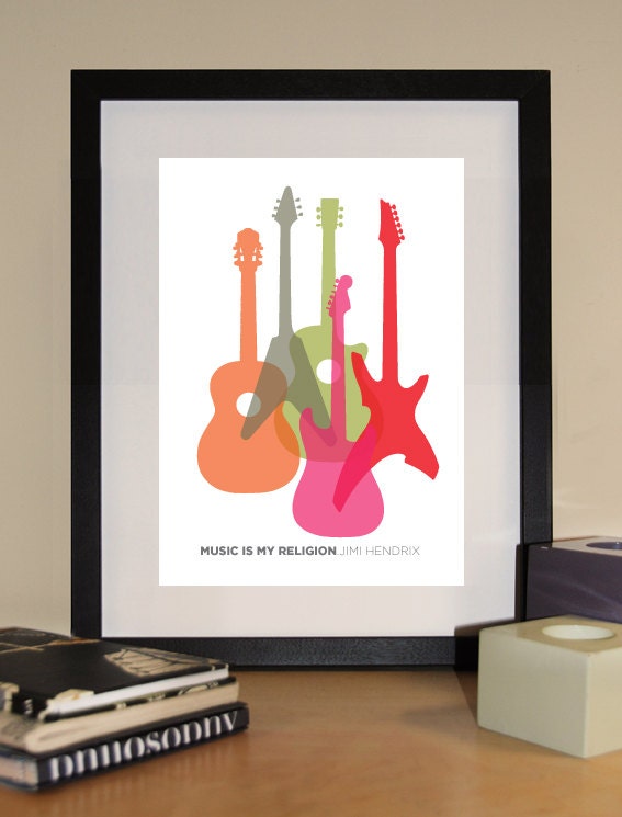 Guitar print, Colourful guitars with Hendrix Quote, 'Music is my religion', A3 giclee print