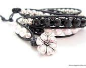 Black White Silver Leather Wrap Bracelet Mother Of Pearl Crystal Pewter Apple Blossom Button Handmade Chic Cowgirl Jewelry 3x OOAK