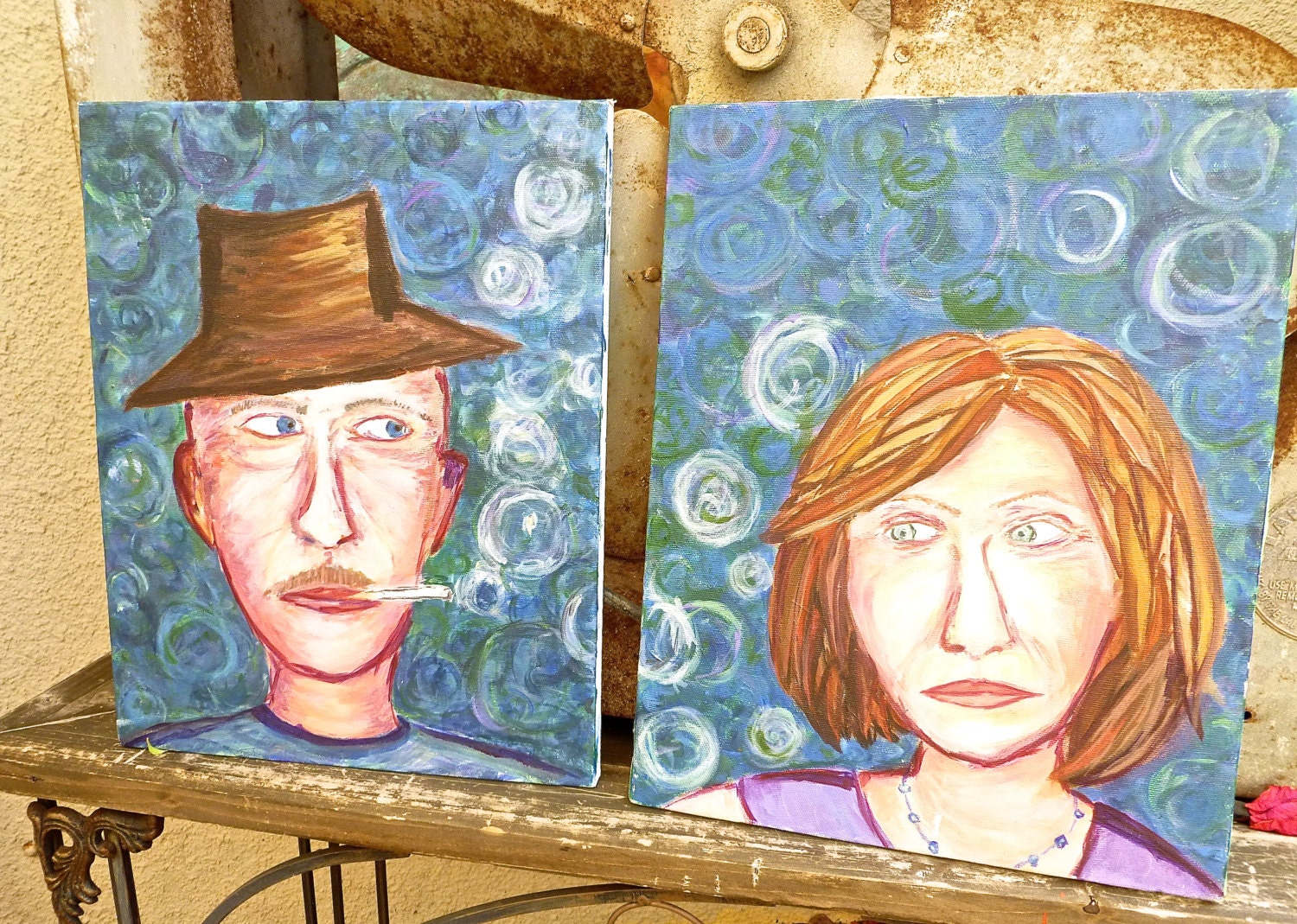 Folk Art Paintings Original Vintage PORTRAIT  Pair Man Woman SMOKING CIGARETTE  Funky Art // FunkAndMore Vintage Chic
