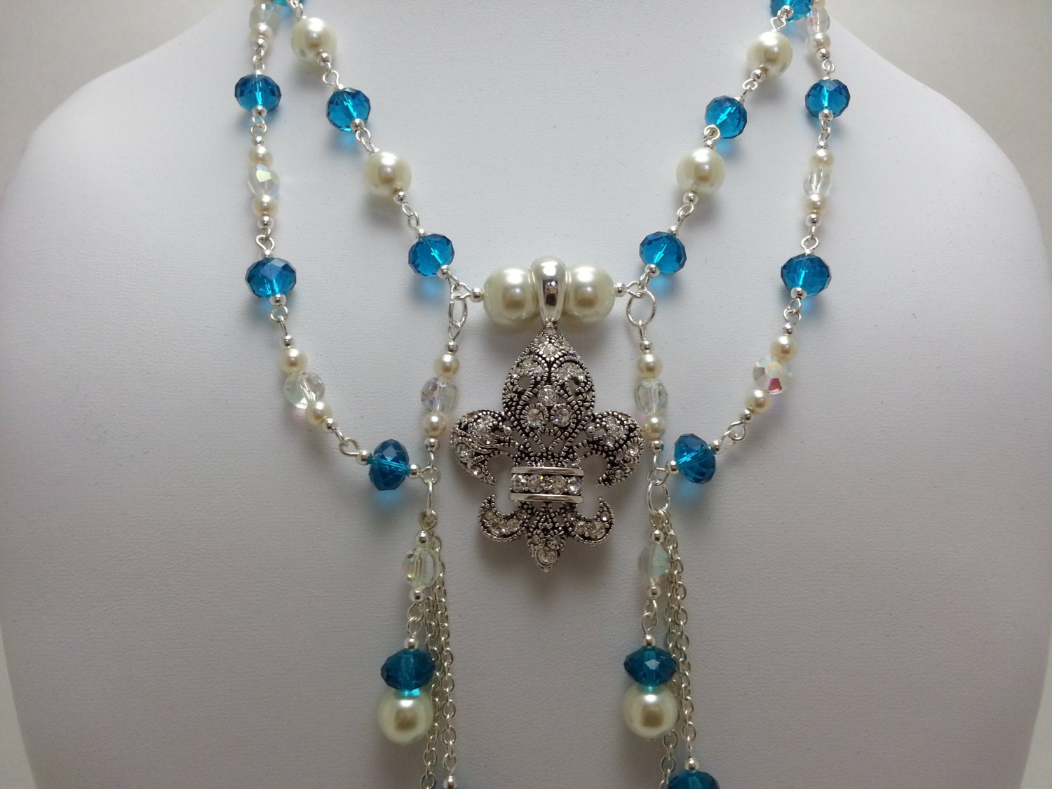Teal Blue Swarovski Crystal and Cream Glass Pearl Beaded Fleur de lis Pendant Necklace - Double Strand