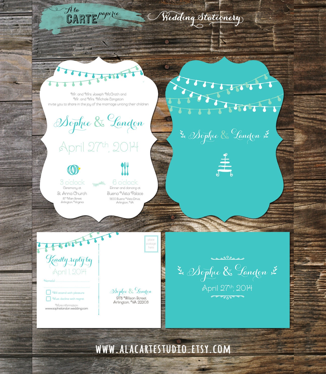 Die cut Ornate Tiffany Blue Teal Wedding Invitation Suite - Invitation and RSVP Card