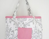 Reserved for Kassaundra M.-Pink and Gray Reversible Tote with Drawstring Pouch