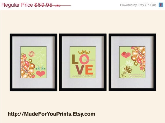 ON SALE Custom Wedding Art Prints Set - Lovely Flowers & Hearts  - Set of 3 - 8X10 - CT002-04-S3 -  Pistachio, Pink, Red, Olive, Love