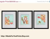 ON SALE Custom Wedding Art Prints Set - Lovely Flowers & Hearts  - Set of 3 - 8X10 - CT002-03-S3 -  Sky blue, Pink, Red, Olive, Love