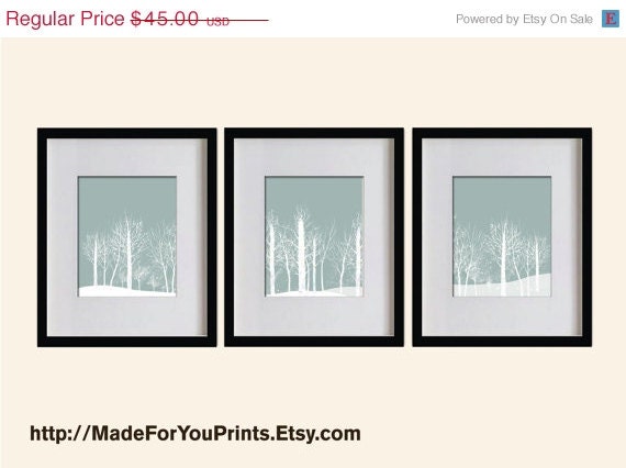 ON SALE Modern Romantic Tree Art Prints - 8X10 - Set of 3 - FL001-05-S3  - Cadet gray, Blue-gray, White, Trees, Branches, Winter, Fall