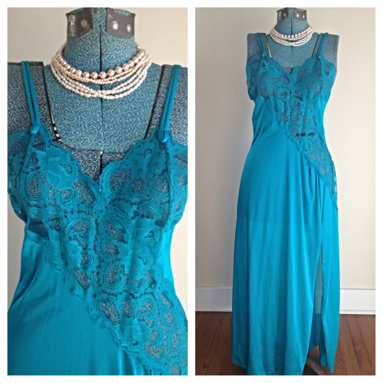 vintage Fredericks of Hollywood teal maxi nightgown lingerie / Turquoise long nightgown / romantic nightgown / vintage negligee / size M
