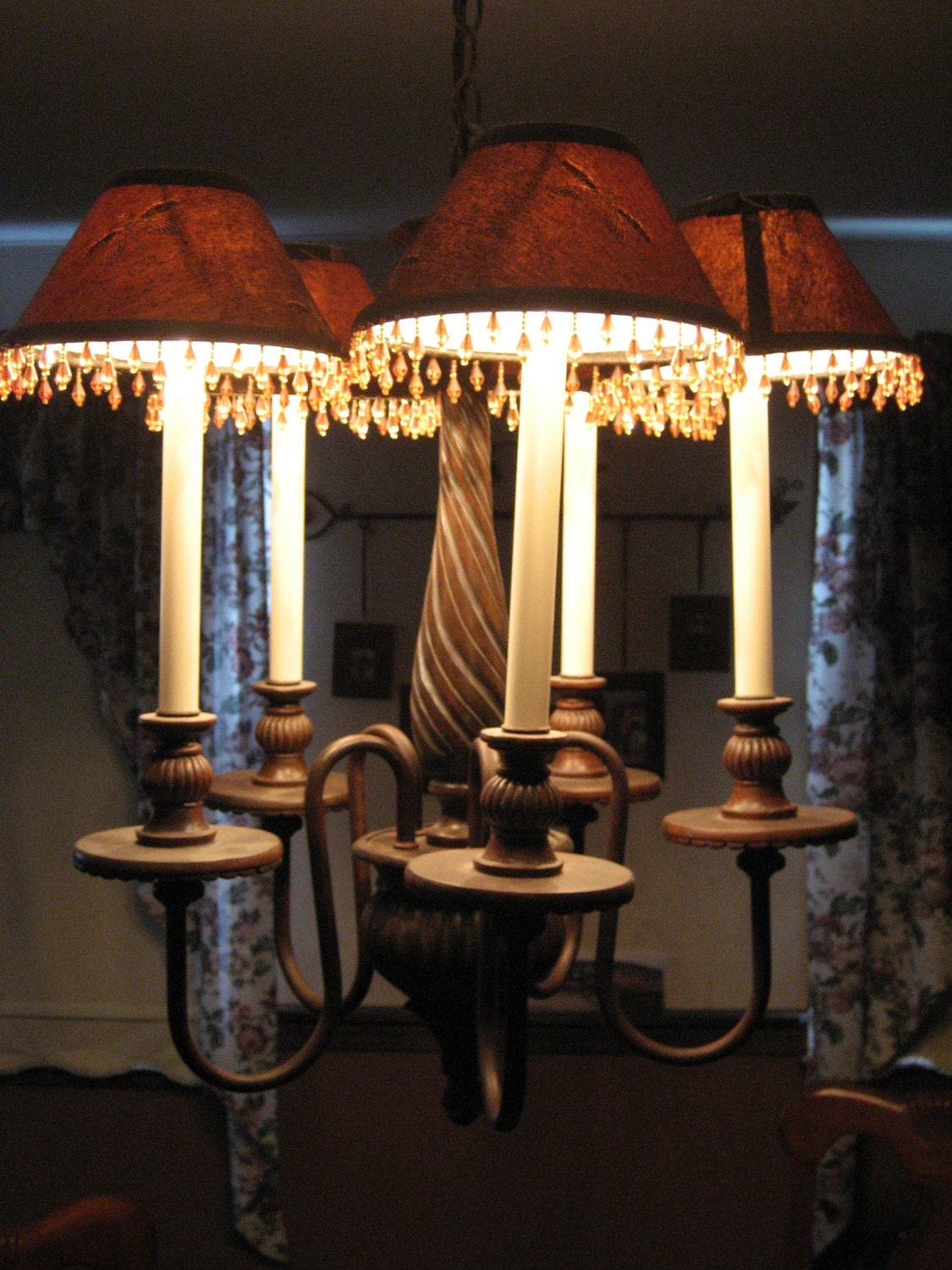 Unique Hanging Chandelier Light Fixture  w/ Lampshade Dragonfly & Beading - 5 bulb